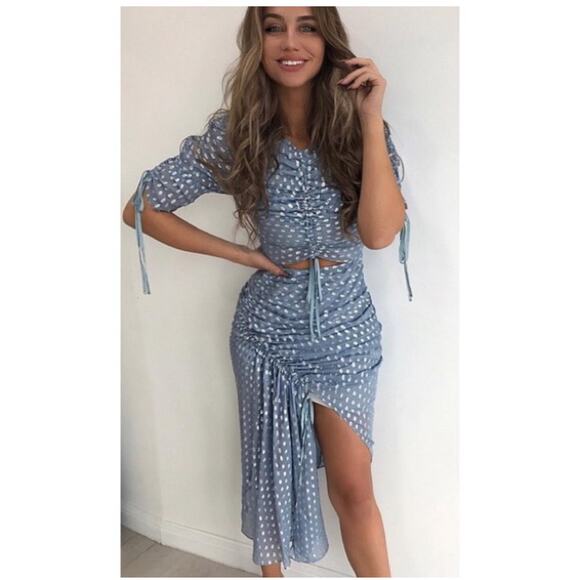 Alice McCall I Feel It Coming Ruched Asymmetrical Blue Midi Dress Size 4 - Picture 3 of 10